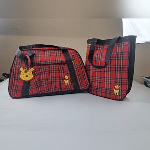 DISNEY'S WINNIE THE POOH 2 Pc Set Overnight Bag And Tote Luggage Red Black